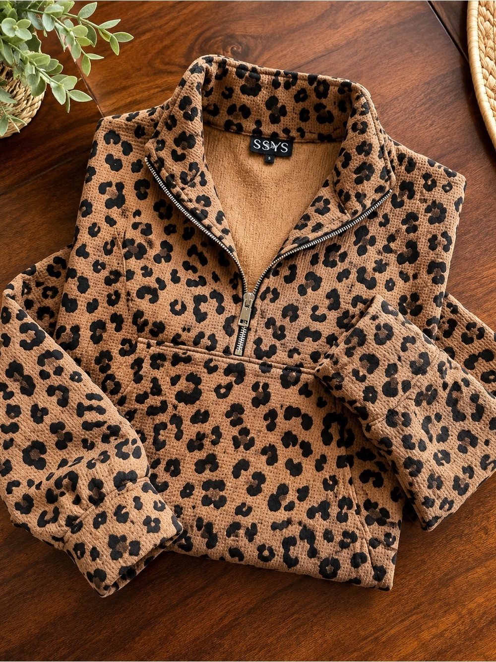 SSYS The Label “Anna” Leopard Print Quarter Zip Pullover - Brown & Black Small